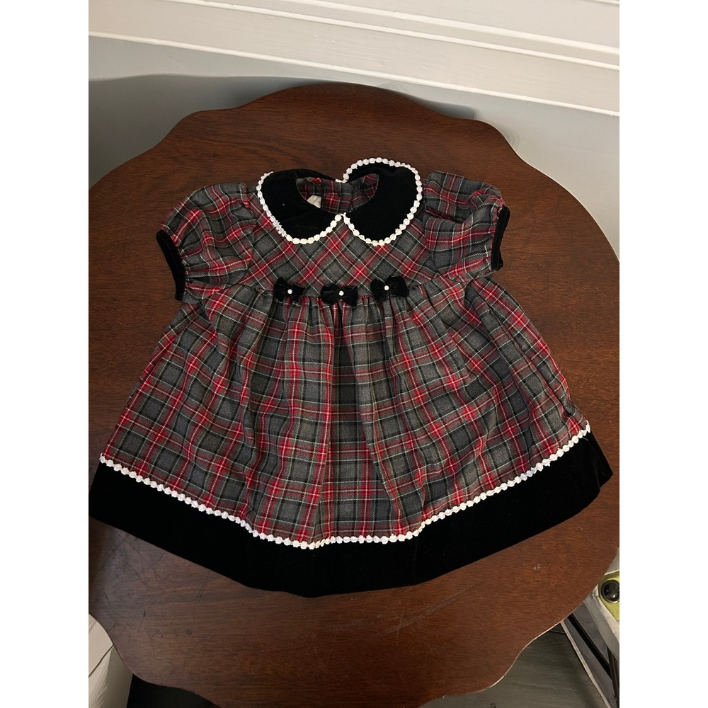 Bonnie Baby New York Vintage Plaid Holiday Dress Velvet Trim Red Gray 12MO